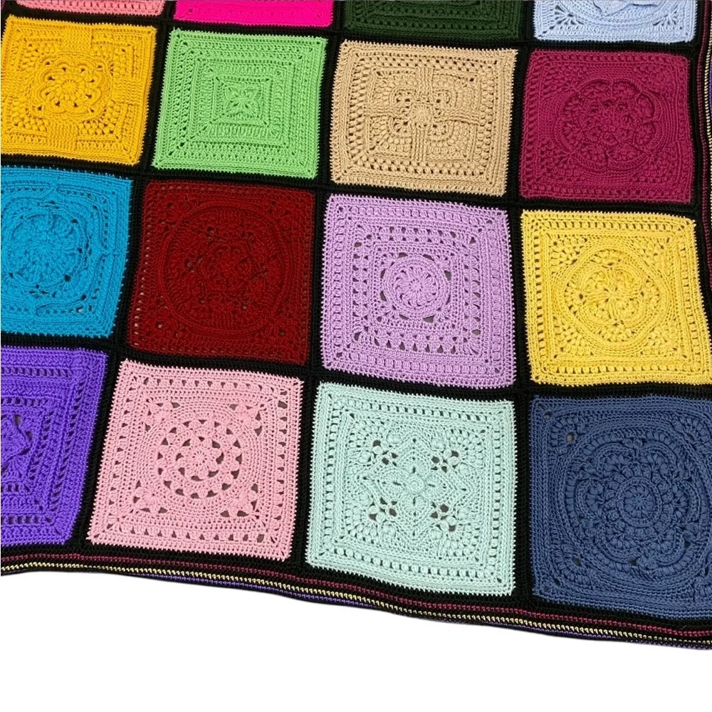 Vintage Granny Afghan Patch Crochet Knit Rainbow Throw Blanket 66” Square